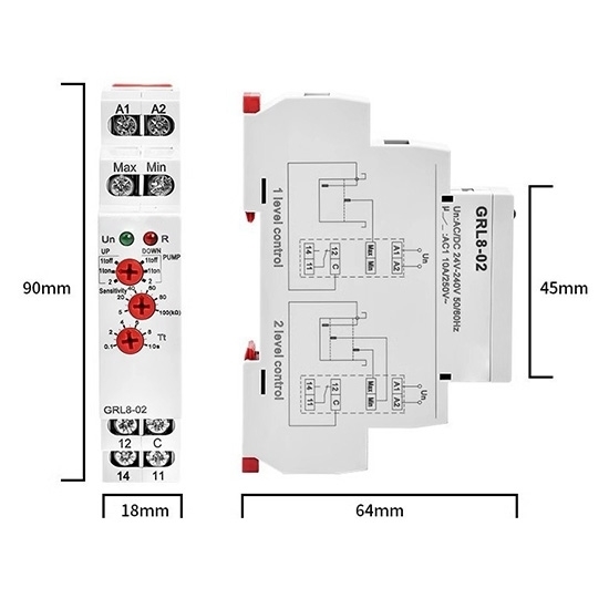 Liquid Level Control Relay, Level Monitoring, SPDT, AC/DC 24-240V Liquid Level Control Relay, Level Monitoring, SPDT, AC/DC 24-240V