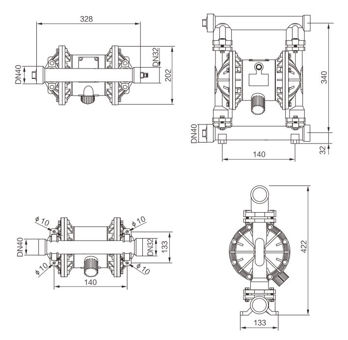 Dimension Drawing of 1-1/2 inch Air Operated Double Diaphragm Pump