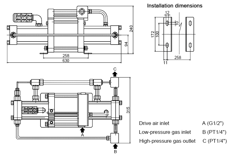 40:1 air pressure booster dimension