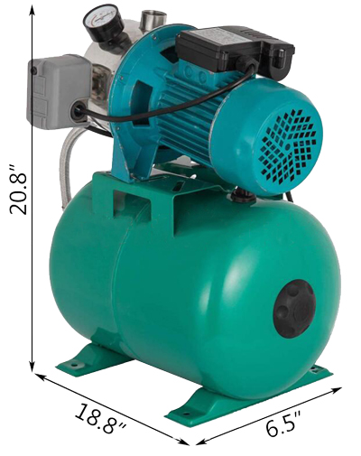 Dimensions of 1 hp shallow well jet pump with pressure tank